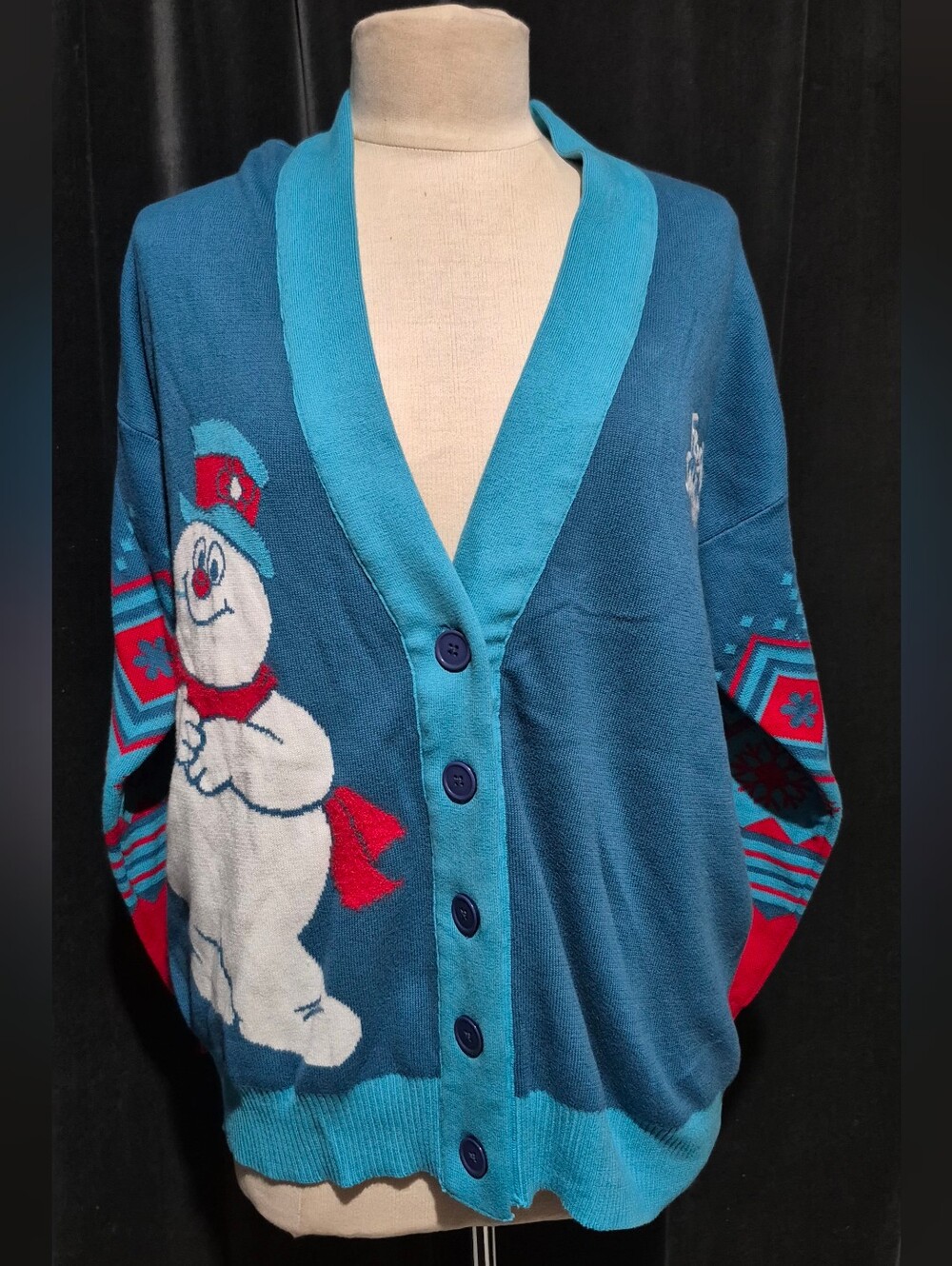 Teal Blue Snowman Cardigan Sweater - Women